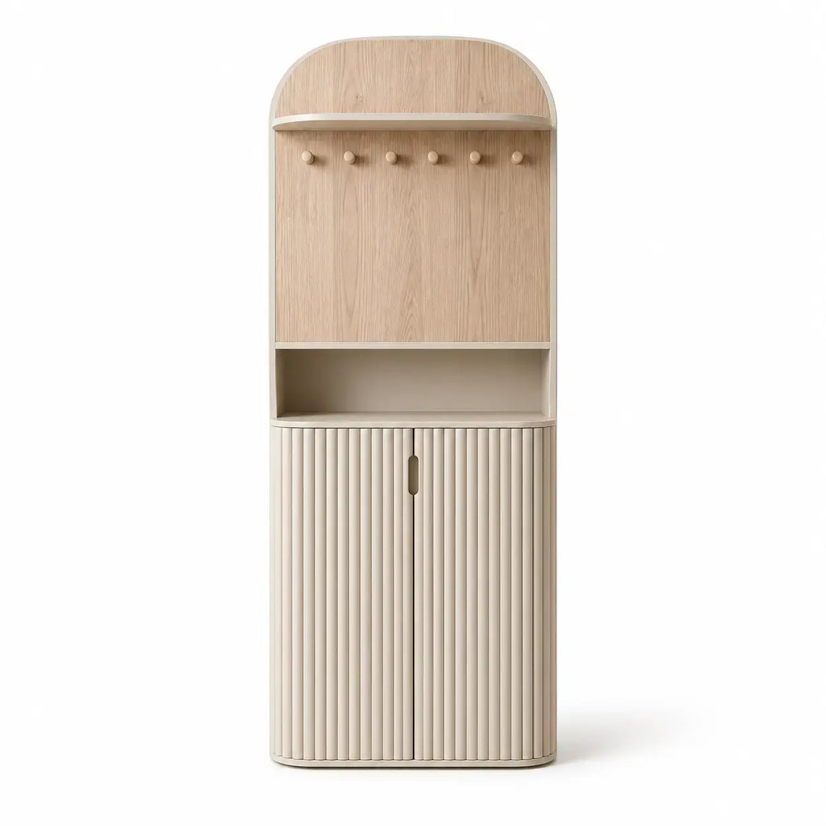Hallskåp med krokar och rundad överdel – beige