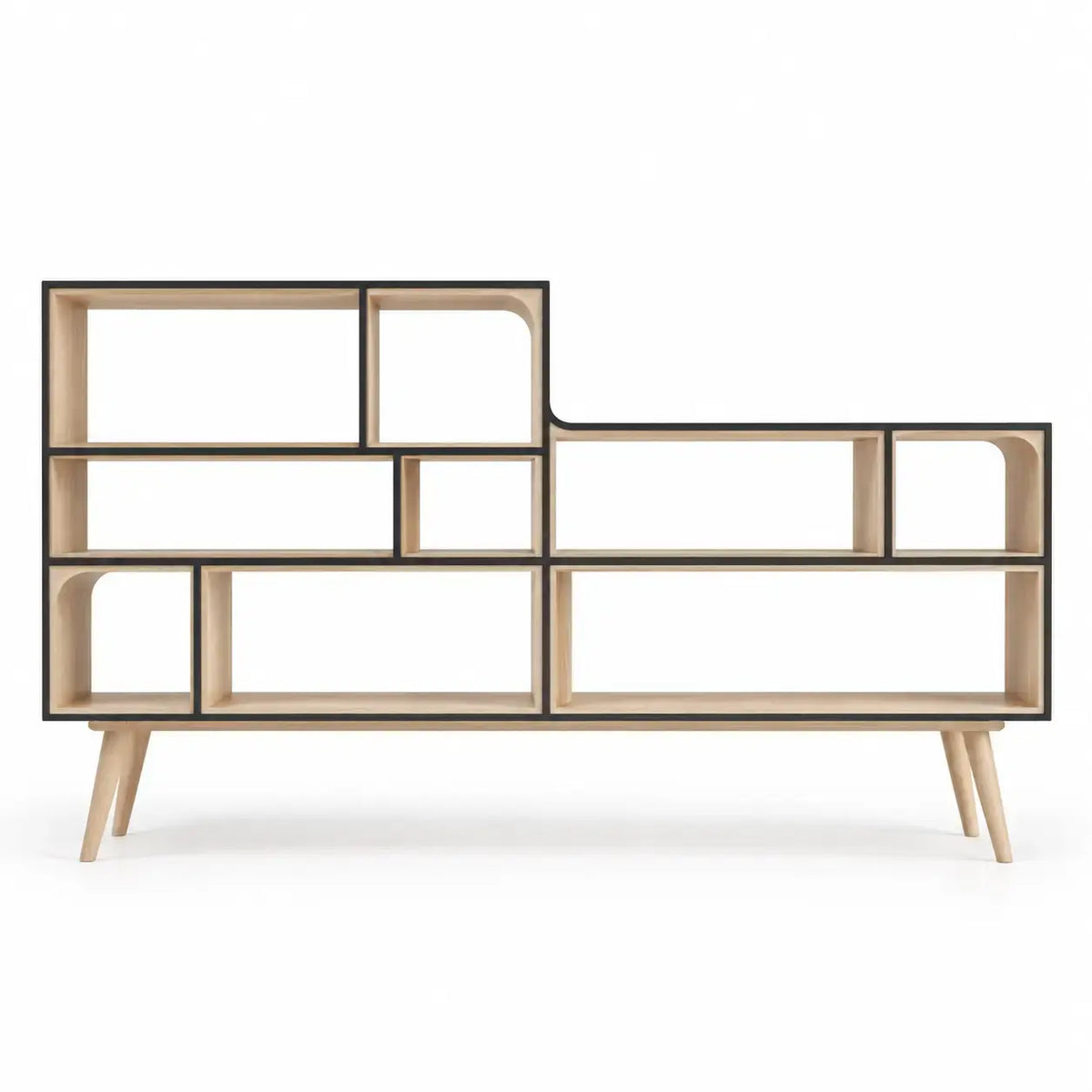 Låg bokhylla med asymmetriska öppna fack – brun/beige