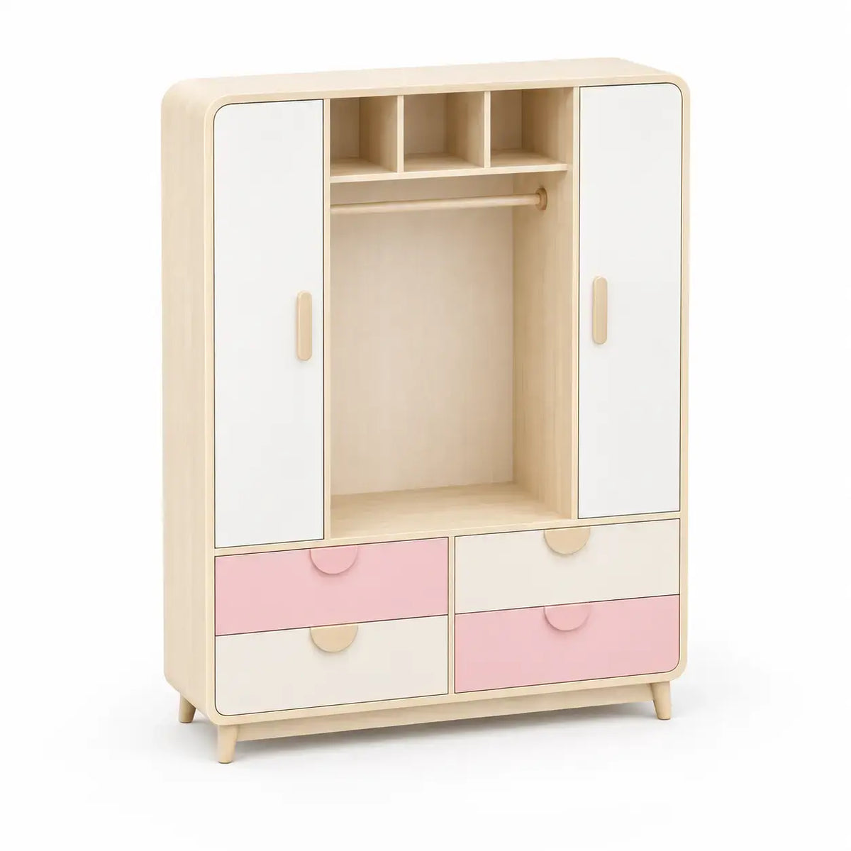 Garderob med öppet mittparti och nedre lådor – vit/rosa/beige