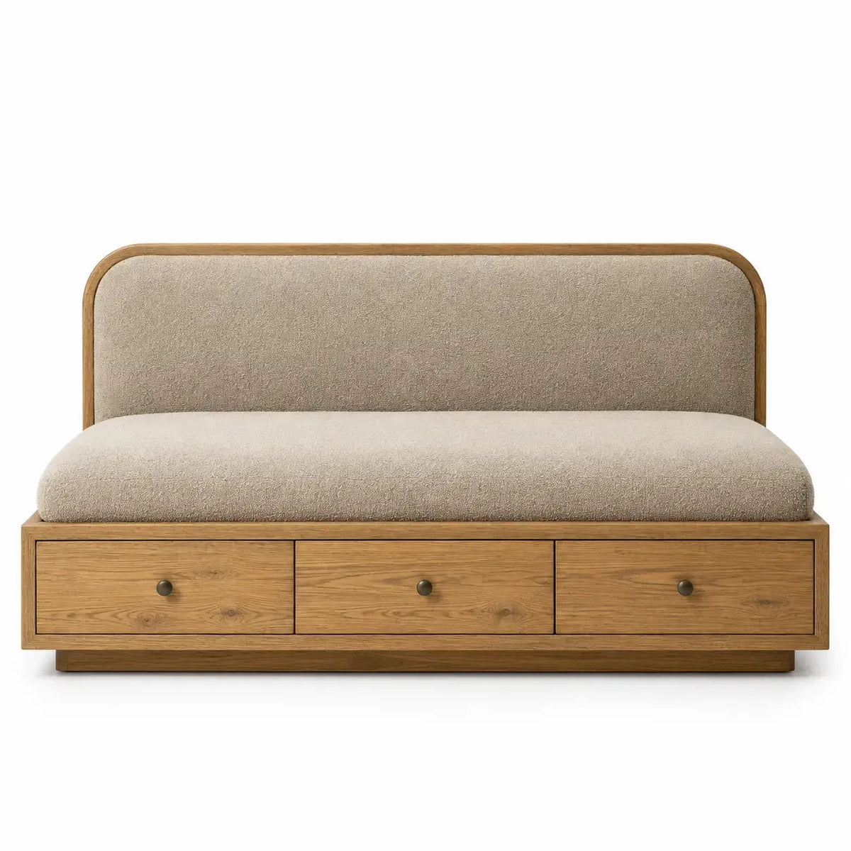 Sittbänk med ryggstöd och lådor – brun/beige